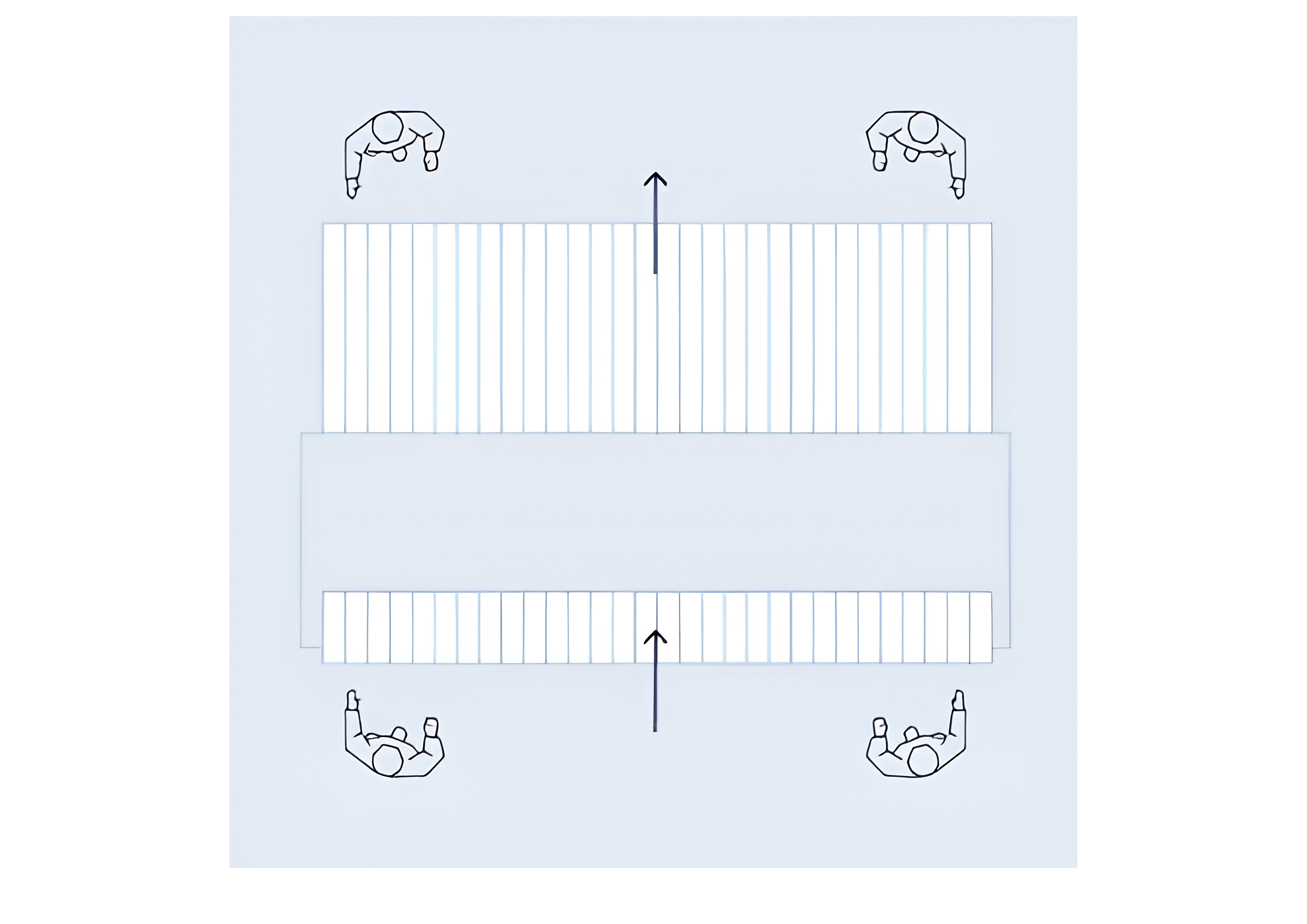 Front delivery ironer layout diagram — top-down view showing linen flow and operator positions at the ironer and folding table